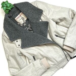 Anthropologie Cartonnier Sherpa Lined Moto Jacket Gray Cream Wool Size S